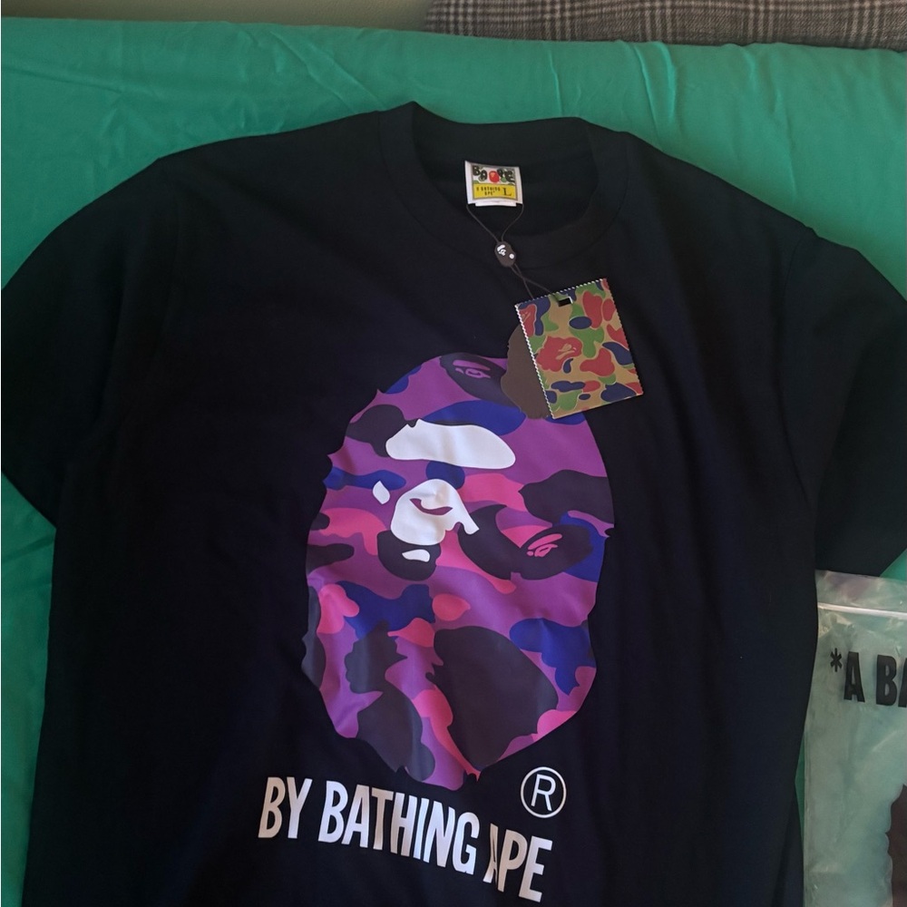 A Bathing Ape Black T-Shirt with Purple Graphic
